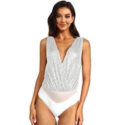 Odizli Body Damen Elegant Sexy Ärmellos V-Ausschnitt Glitzer Pailletten Oberteile Top Festliche Hochzeit Party Sommer Clubwear Bodysuit Women Festival Rave Outfit Overall Kurz Jumpsuit Silber M von Odizli