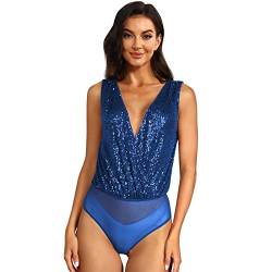 Odizli Body Damen Elegant Sexy Ärmellos V-Ausschnitt Glitzer Pailletten Oberteile Top Festliche Hochzeit Party Sommer Clubwear Bodysuit Women Festival Rave Overall Blusenbody Kurz Jumpsuit Blau XL von Odizli