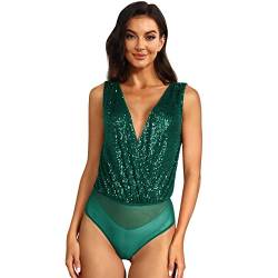 Odizli Body Damen Elegant Sexy Ärmellos V-Ausschnitt Glitzer Pailletten Oberteile Top Festliche Hochzeit Party Sommer Clubwear Bodysuit Women Festival Rave Overall Blusenbody Kurz Jumpsuit Grün L von Odizli