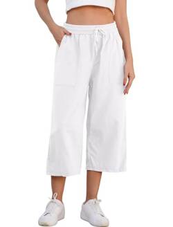 Odizli Caprihose Damen Sommer 3/4 Hose Elastisch High Waist 7/8 Leinenhose Baumwolle Leinen Stoffhose Leicht Bequeme Palazzo Weite Culottes Sommerhose Strandhose Freizeithose mit Taschen Weiß L von Odizli