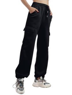 Odizli Cargohose Damen Baggy High Waist Vintage Y2K Locker Lang Cargo Jogginghose Track Pants Trackpants Sporthose Sweatpants Freizeithose Teenager Mädchen Hose Streetwear mit Taschen Schwarz L von Odizli