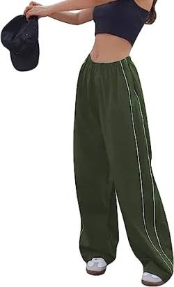 Odizli Cargohose Damen Baggy High Waist Y2K 2000er Cargo Fallschirm Hose Parachute Track Pants Frauen Hip Hop Fallschirmhose Jogginghose Trackpants Teenager Mädchen Streetwear mit Taschen Grün M von Odizli