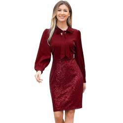 Odizli Cocktailkleid Damen Elegant Vintage Langarm Glitzer Pailletten Knielang Bodycon Eng Kleid Etuikleid Bleistiftkleid Hochzeit Hochzeitsgast Festlich Kurz Abendkleid Ballkleid Partykleid Weinrot S von Odizli