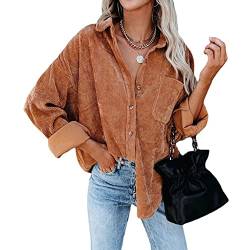 Odizli Cordjacke Damen Langarm Oversized Cordhemd Shacket Lang Cordbluse Cord Hemd Bluse Jacke Mantel Hemdjacke Herbst Winter Button Down Hemdbluse Freizeitjacke mit Taschen Braun L von Odizli