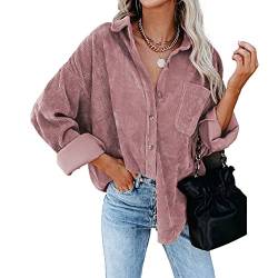 Odizli Cordjacke Damen Langarm Oversized Cordhemd Shacket Lang Cordbluse Cord Hemd Bluse Jacke Mantel Hemdjacke Herbst Winter Button Down Hemdbluse Freizeitjacke mit Taschen Rosa L von Odizli