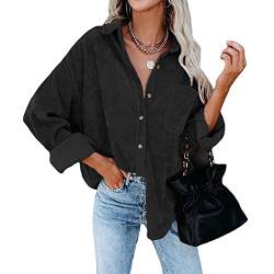 Odizli Cordjacke Damen Langarm Oversized Cordhemd Shacket Lang Cordbluse Cord Hemd Bluse Jacke Mantel Hemdjacke Herbst Winter Button Down Hemdbluse Freizeitjacke mit Taschen Schwarz L von Odizli