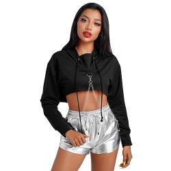 Odizli Crop Pullover Damen Langarm Hoodie Kurz Bauchfrei Sweatshirts Rave Festival Oberteil Gotik Punk Hip Hop Langarmshirts Pulli Rundkragen Cut Outs Kapuzenpullover Shirts mit Kapuze Schwarz L von Odizli