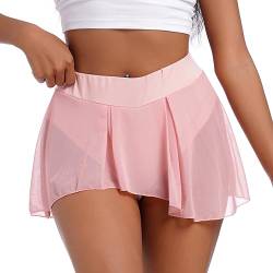 Odizli Festival Outfit Damen Rave Techno Burlesque Pole Dance Hotpants Sexy Booty Shorts Sommer High Waist Hot Pants Kurze Hosenrock Hose Durchsichtiges Transparent Mesh Minirock Rosa-B M von Odizli