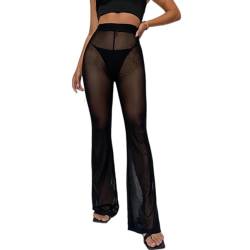 Odizli Festival Outfit Damen Rave Techno Sexy Durchsichtiges Transparent Mesh High Waist Schlaghose Lang Weite Hose Y2K Glitzer Pailletten Gothic Frauen Teenager Mädchen Party Clubwear Schwarz-B S von Odizli