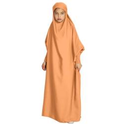 Odizli Gebetskleidung für Kinder Mädchen Abaya Muslim Islam Muslimische Kleider mit Kapuze Langarm Arabisch Türkische Robe Hijab Jilbab Khimar Kaftan Ramadan Burka Lang Gebetskleid Orange 12-13 Jahre von Odizli