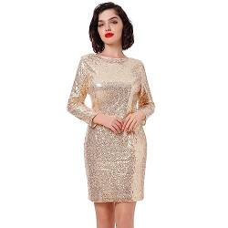 Odizli Glitzer Kleid Damen 3/4 Langarm Pailletten Kurz Bodycon Minikleid Frauen Etuikleid Business Hochzeit Hochzeitsgäste Festliche Silvester Party Coctailkleid Abendkleid Ballkleid Golden XL von Odizli