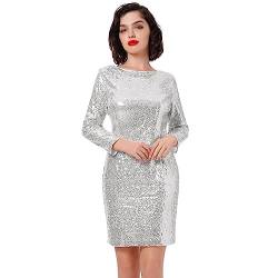 Odizli Glitzer Kleid Damen 3/4 Langarm Pailletten Kurz Bodycon Minikleid Frauen Etuikleid Business Hochzeit Hochzeitsgäste Festliche Silvester Party Coctailkleid Abendkleid Ballkleid Silber L von Odizli