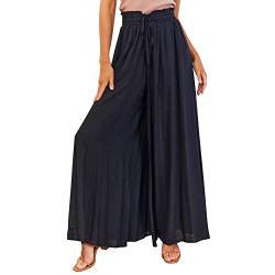 Odizli Hosenrock Damen Lang Boho Blume Chiffon Weite Hose Palazzo Schlaghose High Waist Culotte Baggy Strandhose Leicht Sommerhose Locker Flare Marlenehose Haremshose Freizeithose Schwarz M von Odizli