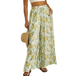 Odizli Hosenrock Damen Lang Boho Blume Chiffon Weite Hose Palazzo Schlaghose High Waist Culotte Baggy Strandhose Leicht Sommerhose Locker Flare Marlenehose Haremshose Freizeithose Stoffhose Ananas S von Odizli