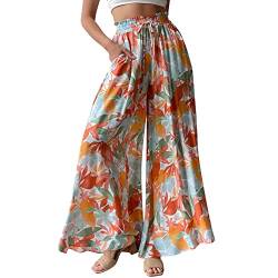 Odizli Hosenrock Damen Lang Boho Blume Chiffon Weite Hose Palazzo Schlaghose High Waist Culotte Baggy Strandhose Leicht Sommerhose Locker Flare Marlenehose Haremshose Freizeithose Stoffhose Bunt M von Odizli