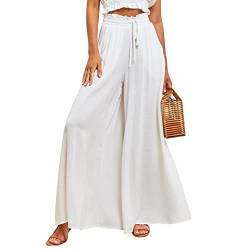 Odizli Hosenrock Damen Lang Boho Blume Chiffon Weite Hose Palazzo Schlaghose High Waist Culotte Baggy Strandhose Leicht Sommerhose Locker Flare Marlenehose Haremshose Freizeithose Stoffhose Weiß M von Odizli