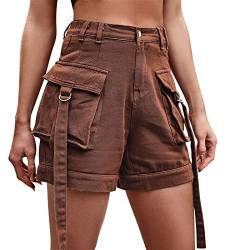 Odizli Jeans Shorts Damen Y2K Cargo Kurze Hose Frauen Denim Vintage Sexy High Waist Hotpants Sommer Casual Rave Festival Streetwear mit Taschen Braun #2 S von Odizli