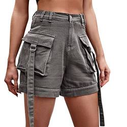 Odizli Jeans Shorts Damen Y2K Cargo Kurze Hose Frauen Denim Vintage Sexy High Waist Hotpants Sommer Casual Rave Festival Streetwear mit Taschen Grau #2 L von Odizli