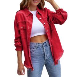 Odizli Jeansjacke Damen Lang Oversize Vintage Langarm Mode Ripped Fransen Jeanshemd Boyfriend Cowgirl Denim Jeans Jacken Frühling Herbst Coat Outwear Rot M von Odizli