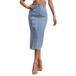 Odizli Jeansrock Damen Lang Sexy Y2K Rock Elegant Vintage Denim Seitlicher Knopfleiste High Waist Bleistiftrock Midi Maxi Röcke Teenager Mädchen Frauen Sommer Casual Wickelrock mit Schlitz Blau #D L von Odizli