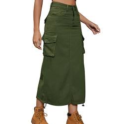 Odizli Jeansrock Damen Lang Y2K Cargo Rock Vintage Denim Kordelzug Rüschen High Waist Bleistift Midi Maxi Röcke Klamotten Teenager Mädchen Frauen Sommer Casual Streetwear mit Taschen Grün #1 XXL von Odizli