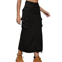 Odizli Jeansrock Damen Lang Y2K Cargo Rock Vintage Denim Kordelzug Rüschen High Waist Bleistift Midi Maxi Röcke Klamotten Teenager Mädchen Frauen Sommer Casual Streetwear mit Taschen Schwarz #1 S von Odizli