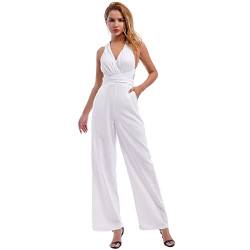 Odizli Jumpsuit Damen Elegant Hochzeit Festlich Sexy Ärmellos V-Ausschnitt Rückenfreies Glitzer Pailletten Lang Sommer Overall Frauen Formal Party Business Hosenanzug Playsuit Romper Weiß L von Odizli