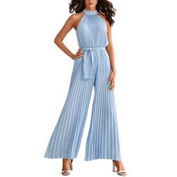 Odizli Jumpsuit Damen Elegant Hochzeit Lang Sexy Ärmellos Neckholder Plissee Weite Hose Sommer Overall Frauen Festlich Hochzeitsgäste Party Business Hosenanzug Playsuit Große Größen Himmelblau XL von Odizli