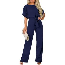 Odizli Jumpsuit Damen Elegant Schick Kurzarm Sommer Overall Frauen Hochzeit Festlich Hochzeitsgäste Business Hosenanzug Formal Party Geschäft Lang Playsuit Romper Große Größen Dunkelblau M von Odizli