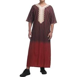 Odizli Kaftan Herren Abaya Muslimische Kleider Arabische Islamische Kleidung Gebetskleidung für Männer Tunika Nachthemd Dubai Robe 3/4 Ärmel V-Ausschnitt Streifen Print Lose Lang Thobe Burgund XL von Odizli