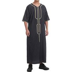 Odizli Kaftan Herren Abaya Muslimische Kleider Arabische Islamische Kleidung Gebetskleidung für Männer Tunika Nachthemd Dubai Robe 3/4 Ärmel V-Ausschnitt Streifen Print Lose Lang Thobe Schwarz 4XL von Odizli