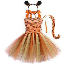 Odizli Kinder Baby Mädchen Tier Kostüme Tiger/Leopard/Kuh/Zebra/Giraffe Cosplay Tüllkleid mit Ohren Haarreif Schwanz 3tlg Weihnachten Halloween Karneval Geburtstag Partykleid Tiger 5-6 Jahre von Odizli