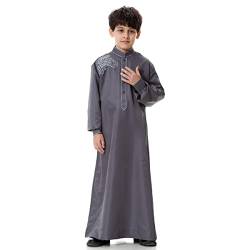Odizli Kinder Jungen Kaftan Abaya Muslimische Kleider Arabische Islamische Kleidung Gebetskleidung Tunika Nachthemd Dubai Robe Langarm Stickerei Button Down Lose Lang Thobe Grau 13-14 Jahre von Odizli