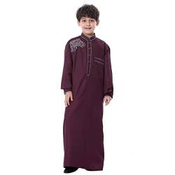 Odizli Kinder Jungen Kaftan Abaya Muslimische Kleider Arabische Islamische Kleidung Gebetskleidung Tunika Nachthemd Dubai Robe Langarm Stickerei Button Down Lose Lang Thobe Weinrot 13-14 Jahre von Odizli