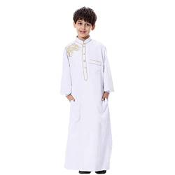 Odizli Kinder Jungen Kaftan Abaya Muslimische Kleider Arabische Islamische Kleidung Gebetskleidung Tunika Nachthemd Dubai Robe Langarm Stickerei Button Down Lose Lang Thobe Weiß 11-12 Jahre von Odizli