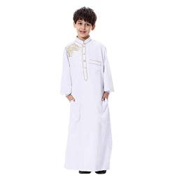 Odizli Kinder Jungen Kaftan Abaya Muslimische Kleider Arabische Islamische Kleidung Gebetskleidung Tunika Nachthemd Dubai Robe Langarm Stickerei Button Down Lose Lang Thobe Weiß 9-10 Jahre von Odizli