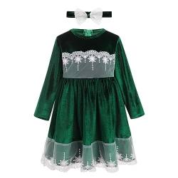 Odizli Kleider für Mädchen Kinder Baby Herbst Winter Langarm Samt Spitze Samtkleid + Stirnband Geburtstag Outfit Festlich Hochzeit Einschulung Weihnachten Taufkleid Freizeitkleid Grün 5-6 Jahre von Odizli