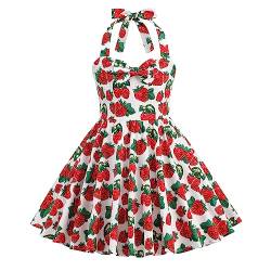 Odizli Kleider für Mädchen Kinder Rockabilly 40er 50er Jahre Vintage Ärmellos Neckholder Swing Sommerkleid Blumenmädchenkleid Festlich Hochzeit Einschulung Partykleid Abendkleid Erdbeere 5-6 Jahre von Odizli