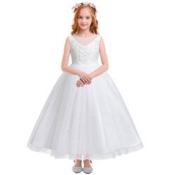 Odizli Kommunionskleid Mädchen Erstkommunion Kleid Kinder Spitze Rückenfrei A-Linie Prinzessin Tüllkleid Blumenmädchenkleider Hochzeit Festlich Geburtstag Ballkleid Lang Abendkleid Weiß 02 9-10 Jahre von Odizli