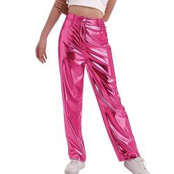 Odizli Lederhose Damen Metallic Glitzer Hose Hip Hop Hologramm High Waist Cargohose mit Taschen 80er 90er Jahre Rave Festival Outfit Streetwear Clubwear Halloween Karneval Faschingskostüme Rosenrot L von Odizli