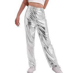 Odizli Lederhose Damen Metallic Glitzer Hose Hip Hop Hologramm High Waist Cargohose mit Taschen 80er 90er Jahre Rave Festival Outfit Streetwear Clubwear Halloween Karneval Faschingskostüme Silber S von Odizli