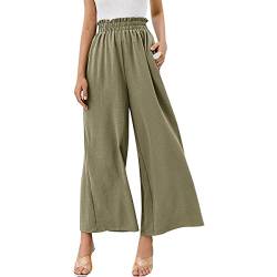 Odizli Leinenhose Damen Elegant High Waist Culottes Palazzo Hosenrock Lang Weite Wide Leg Hose Sommerhose Leicht Bequeme Sommer Stoffhose Marlenehose Schlupfhose Freizeithose Strandhose Grün L von Odizli