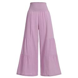 Odizli Leinenhose Damen Lang Hosenrock Stretch High Waist Palazzo Weite Hose Schlaghose Culotte Baggy Strandhose Leicht Sommerhose Locker Flare Marlenehose Haremshose Freizeithose Wickelhose Lila L von Odizli