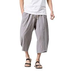 Odizli Leinenhose Herren 3/4 Hose Sommer Kordelzug Baumwolle Leinen Leichte Haremshose Yoga Urlaub Strand Freizeithose Sommerhose Stoffhose Schlupfhose Strandhose mit Taschen Grau 5XL von Odizli