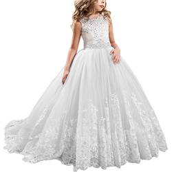 Odizli Mädchen Spitze Bestickte Tüll Prinzessin Lang Schwanz Kleider Blumenmädchen Kinder Hochzeit Brautjungfer Prom Ballkleid Formale Partei Kleider Karneval Festzug Cocktailkleid Weiß 6-7 Jahre von Odizli