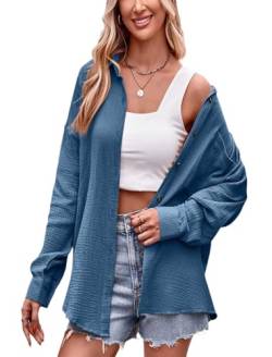 Odizli Musselin Bluse Damen Sommer Baumwolle Leinenbluse Elegant Langarm V-Ausschnitt Oversize Hemd Oberteile Longbluse Schlupfbluse Hemdbluse Hemdjacke Damenbluse Langarmshirt mit Tasche Blau XL von Odizli