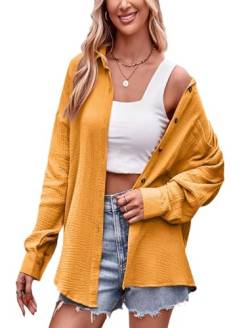 Odizli Musselin Bluse Damen Sommer Baumwolle Leinenbluse Elegant Langarm V-Ausschnitt Oversize Hemd Oberteile Longbluse Schlupfbluse Hemdbluse Hemdjacke Damenbluse Langarmshirt mit Tasche Gelb L von Odizli