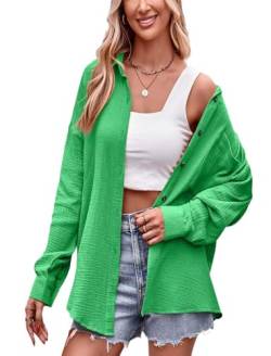 Odizli Musselin Bluse Damen Sommer Baumwolle Leinenbluse Elegant Langarm V-Ausschnitt Oversize Hemd Oberteile Longbluse Schlupfbluse Hemdbluse Hemdjacke Damenbluse Langarmshirt mit Tasche Grasgrün M von Odizli