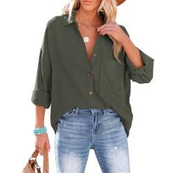 Odizli Musselin Bluse Damen Sommer Baumwolle Leinenhemd Elegant Langarm V-Ausschnitt Oversize Hemd Oberteile Longbluse Schlupfbluse Hemdbluse Hemdjacke Damenbluse Langarmshirt mit Tasche Grün M von Odizli