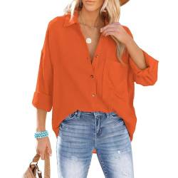 Odizli Musselin Bluse Damen Sommer Baumwolle Leinenhemd Elegant Langarm V-Ausschnitt Oversize Hemd Oberteile Longbluse Schlupfbluse Hemdbluse Hemdjacke Damenbluse Langarmshirt mit Tasche Orange L von Odizli